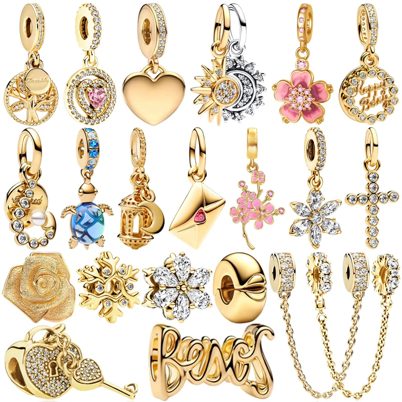 

New Hot Sale Sparking Gold-Plated Flower Cross Dangle Family Charm Heart Bead Clip Fit Original Silver Bracelet DIY Jewelry Gift