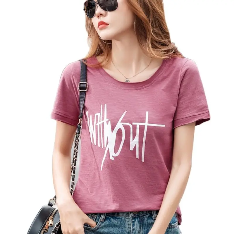 Short sleeve Letter Print Cotton Women T-shirts summer 2023 Slub cotton Loose Fuchsia T-shirts Ladies O-Neck Autumn Casual Tops