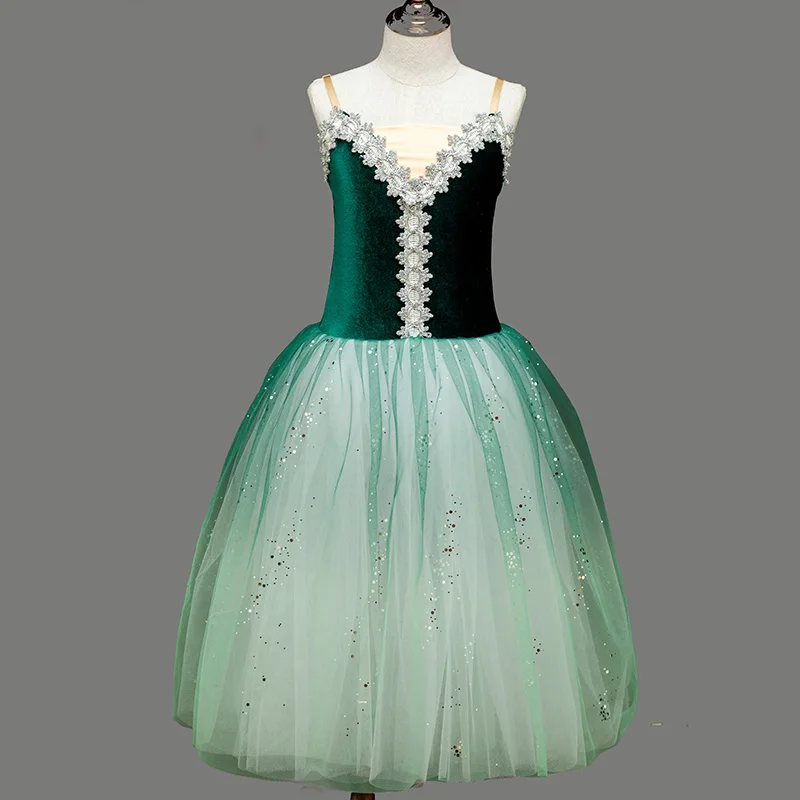 Groen Gradiënt Koreaanse Fluwelen Ballet Tutu Rok Vrouwen Jurk Lange Vestidos Voor Meisjes Prestaties Kleding Zwaan Buikdans Rokken