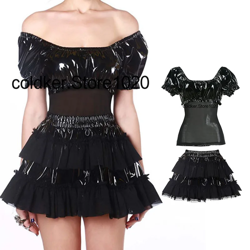 

PVC Patent Leather Wetlook Gauze Perspective Sexy Black Uniform Set Female Nightclub Cosplay One Neck Clothes Miniskirt 2 Pieces