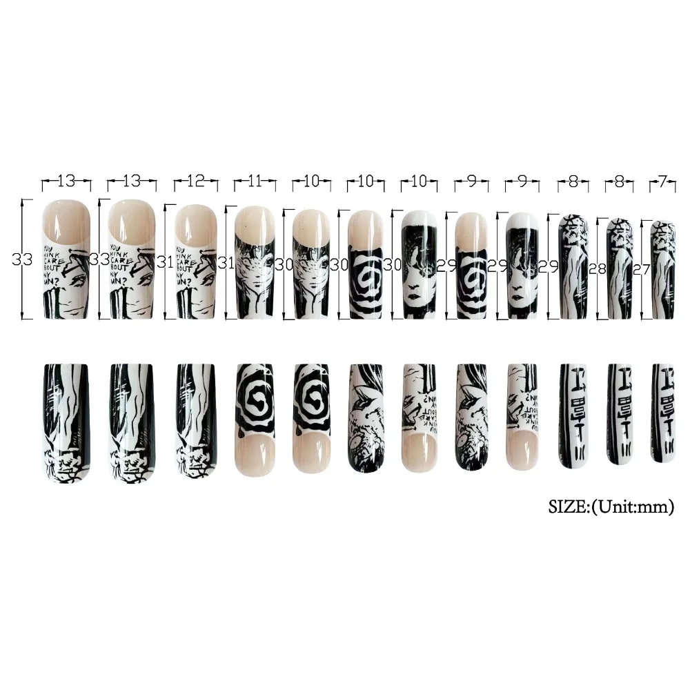 Long Manga Printing Fake Nails Coffin Tips Y2k Faux Ongles Acrylic Manicure False Nail Supplies
