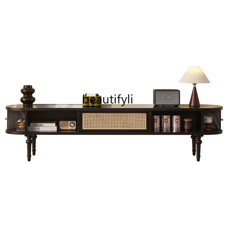 

French solid wood TV cabinet household American, rattan storage locker light luxury black modern simplicity
