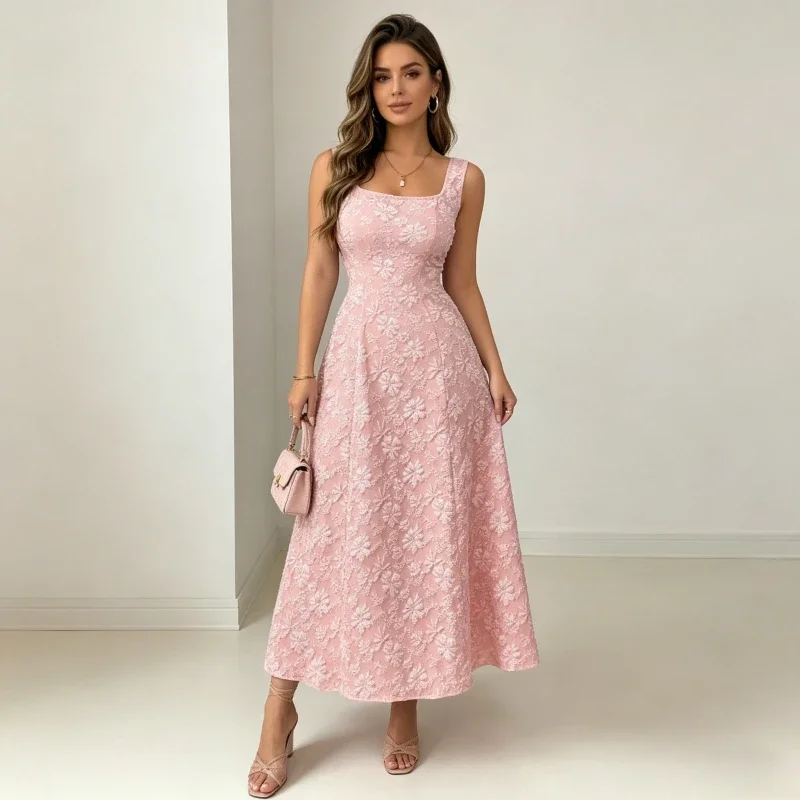 Langes Kleid Damen Partykleider Ärmellos Quadratischer Ausschnitt Jacquard Blumenmuster A-Linie Sommer Elegante Vestidos Maxi-Kleid 2026 Sommerkleid