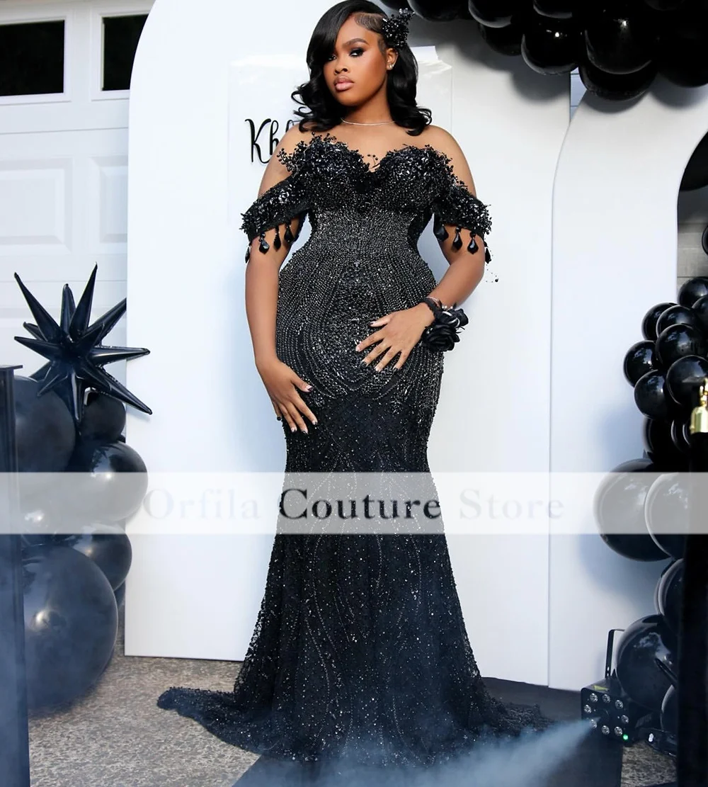 Black Dresses for Prom Mermaid Off Shoulder Rhinestones Crystal Formal Evening Dress Birthday Party Gala Customized