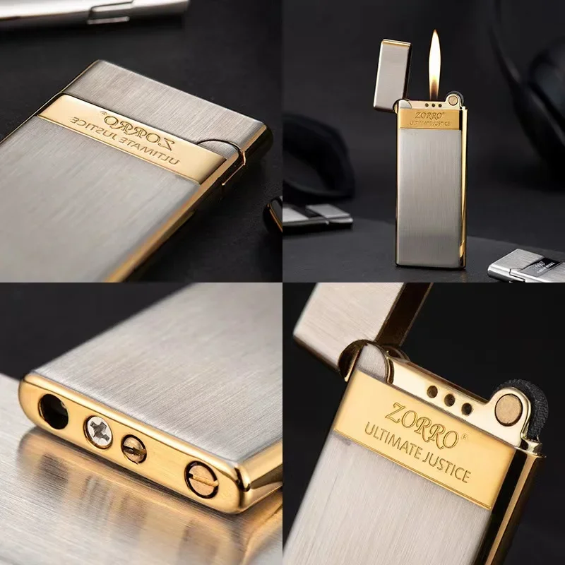 2024 New ZORRO Brass Lighter Slim 5mm Inflatable Creative Grinding Wheel Portable Classic Windproof Lighter Smoking Men\'s Gift