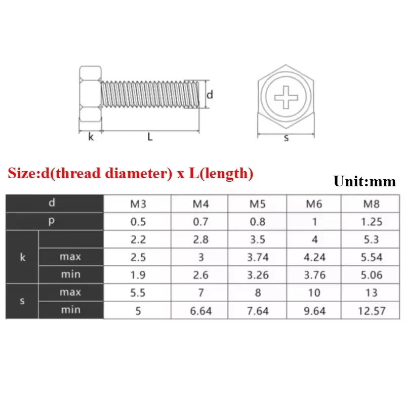 M3 M4 M5 M6 M8 304 Stianless Steel Black Cross Recessed External Hex Hexagon Head Screw Phillips Outside Hex Bolt