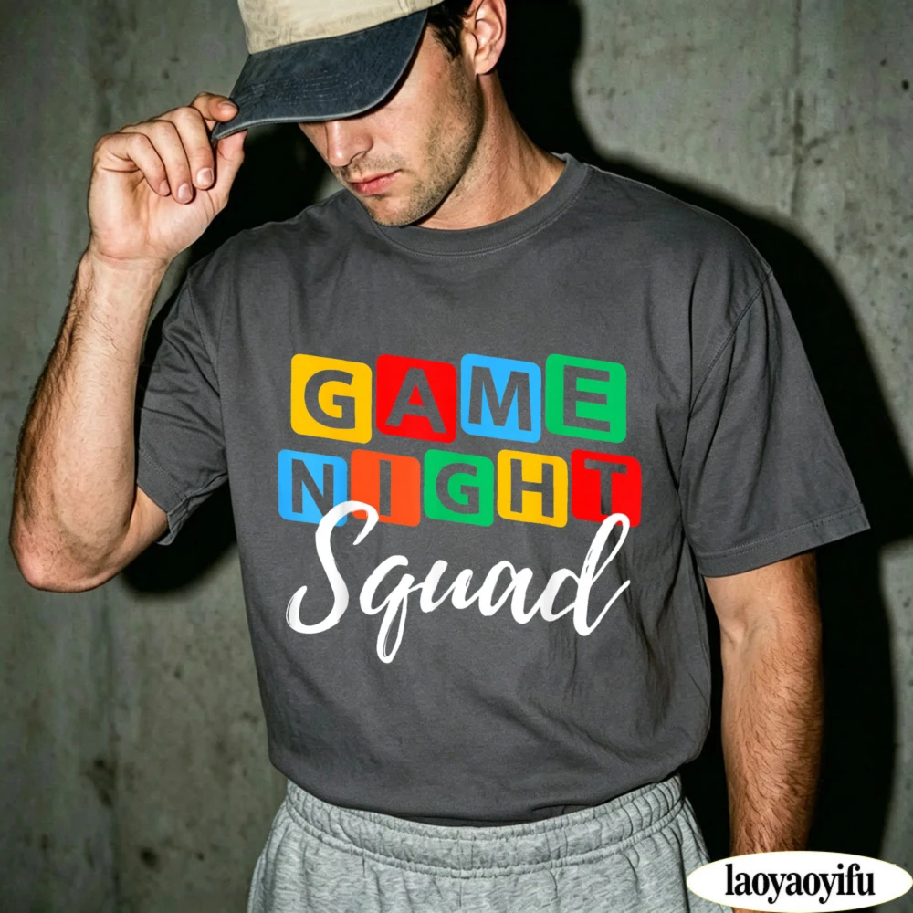 Game Night Squad Color Block Letter Print Short Sleeve Cotton Tee Casual Streetwear Board Game Group Matching Party Outfit Gift