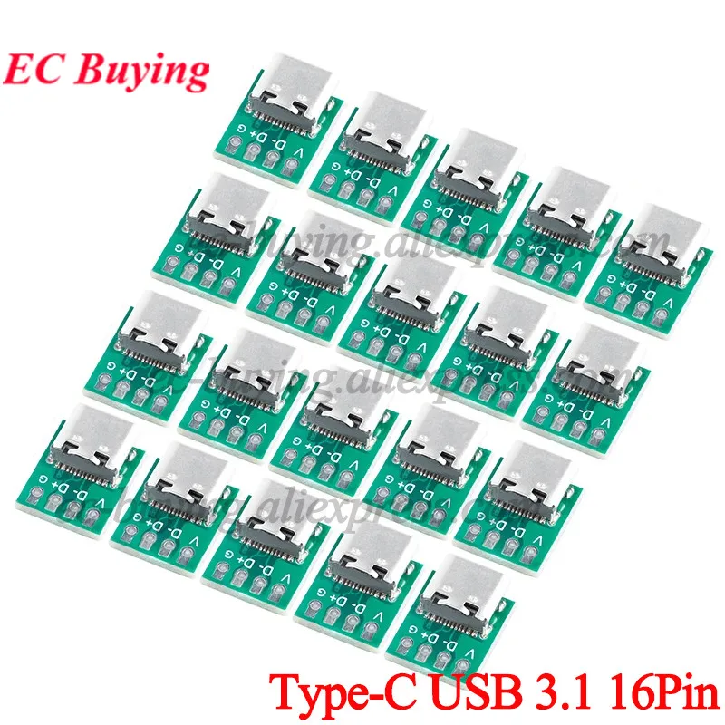 20Pcs/5pcs USB 3.1 Type C Connector 16 Pin Female to 2.54mm Test PCB Board Adapter 16P Socket For Data Line Wire Cable Transfer