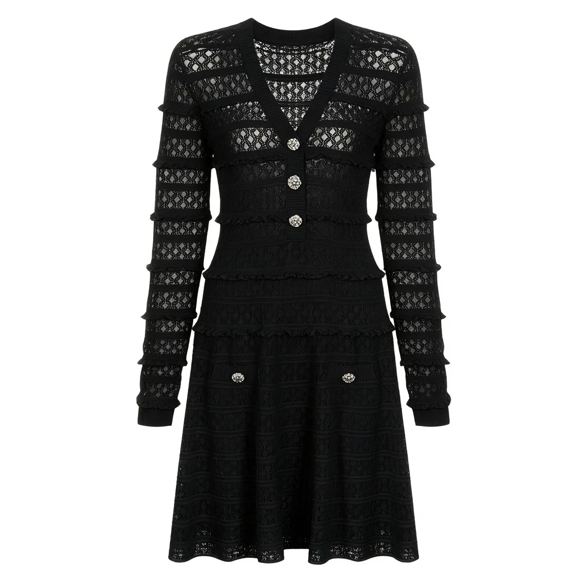 ZJYT Elegant Autumn Long Sleeve Knit Sweater Dresses for Women 2026 New Hollow Out Black Casual Short Dress Female Vestidos Pink - view 3