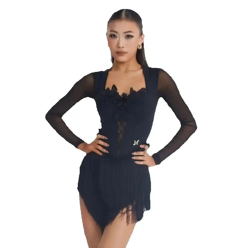 Mulheres mangas de malha dança latina vestido franjas adultos desempenho roupas de dança senhoras chacha samba dança latina sl14320