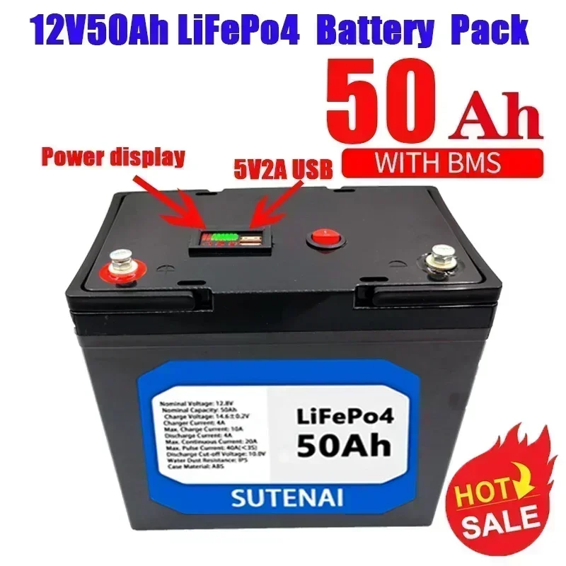 12V 50Ah Lithium Iron Phosphate Battery LiFePO4 Built-in BMS LiFePO4 Battery for Solar Power System RV House Trolling Motor