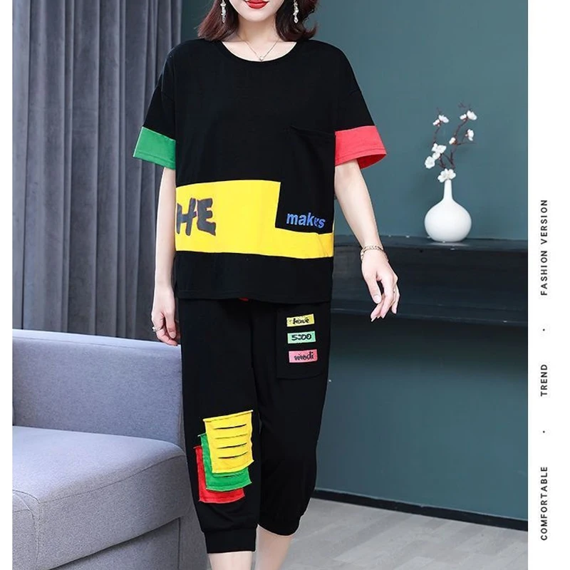 

Summer New Printing Motion Ladies Suits Fashion Loose Short Sleeve T-Shirts Elastic Waist Drawstring Patchwork All-match Pants