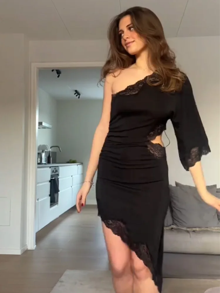 

HH Woman Summer Fashion Sleeveless Sexy Opening Design Lace Decoration Irregular Dress Female Casual Elegant Short Long Dress