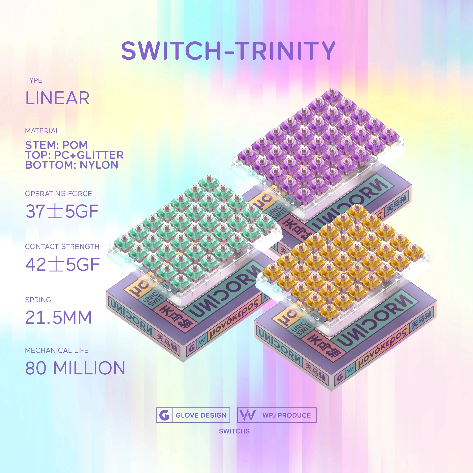 GLOVE TRINITY Unicorn Switch Linear RGB SMD Switches 42g for Mechanical Keyboard mx Stem POM PC Glitter Nylon Long Spring