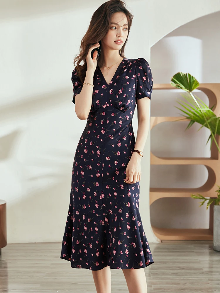 Roey S House صيف 2023 طباعة الأزهار سليم صالح الحرير الساتان ذيل دكتور المرأة تخفيف Ele ort Sve V Ne Dr