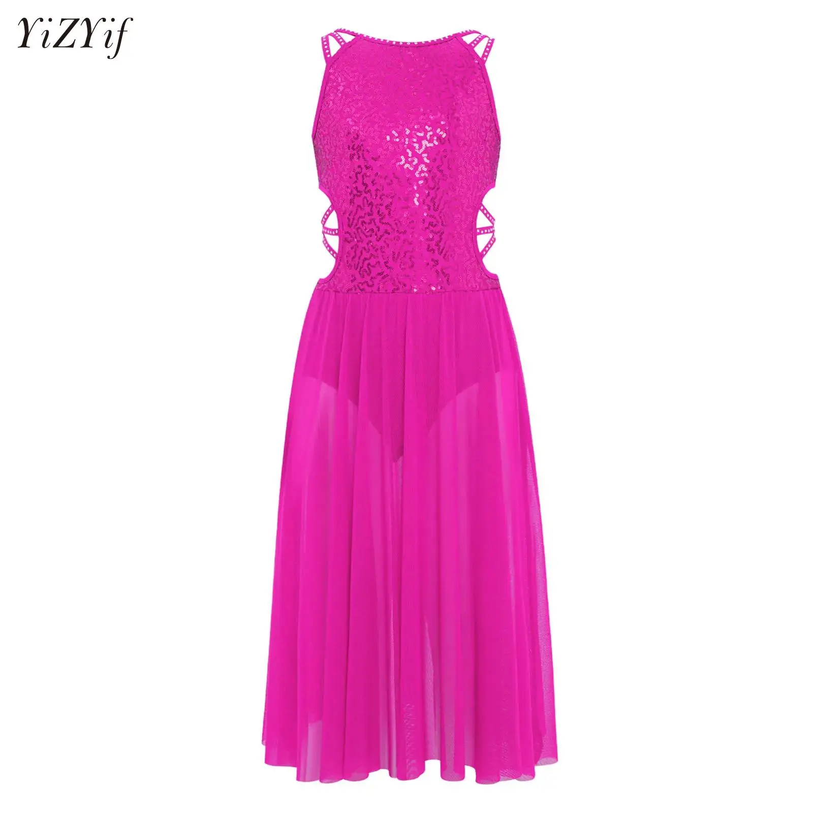 

Girl Figure Skating Dance Dress Rhinestones Cutout Liturgical Lyrical Contemporary Ballroom Modern Performance Clothes Maxi Gown