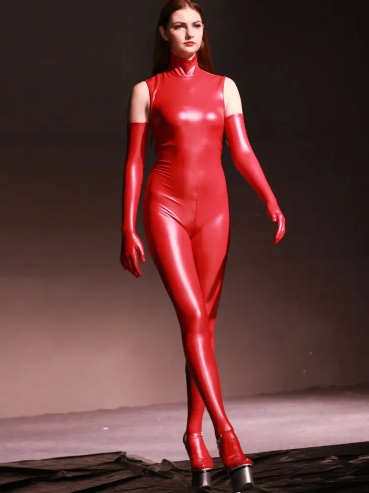 S-5XL Unisex ärmellos Kunstlatex Catsuit elastische PU-Leder Bodystocking Reißverschluss offener Schritt Bodysuit Strumpfhosen Sexy Trikot Body