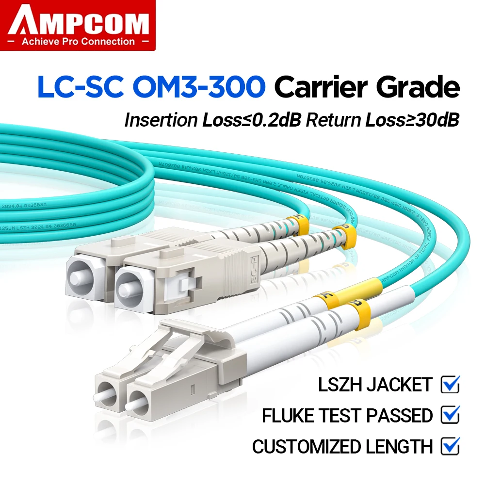AMPCOM LC to SC UPC OM3 Fiber Optic Patch Cable Multi Mode Duplex, 50/125μm, OD 2.0mm, LSZH OFNR, 1-100 Meters