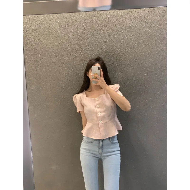 Temperament Square Neck Short Sleeved Ruffled Edge Pink Tweed Small Jacket Top Blouses 2024 Shirts for Women Summer Blusas