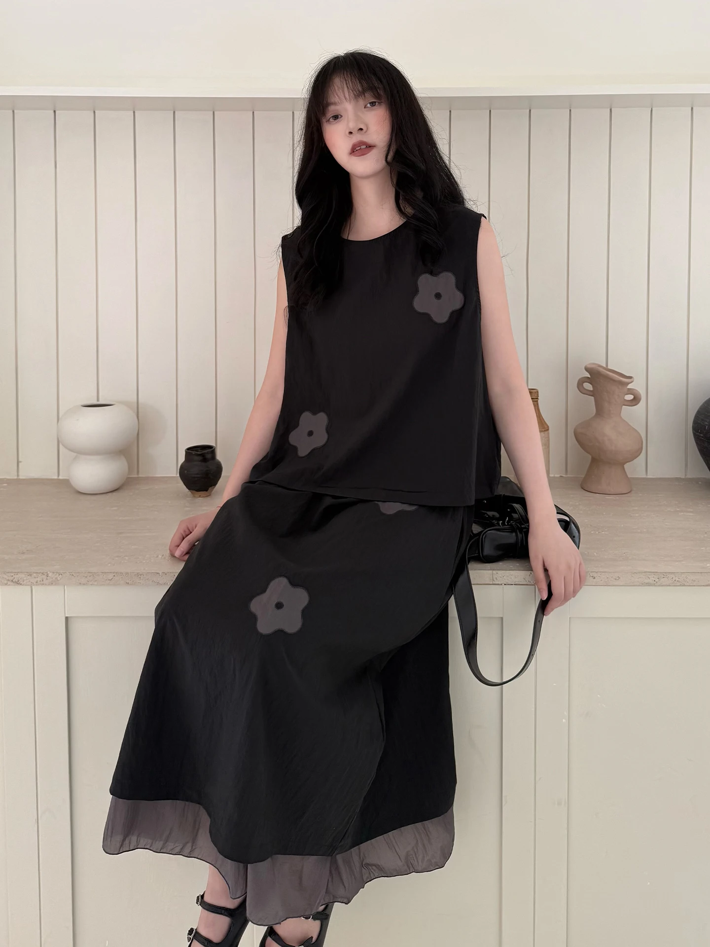 Land And Mountain Island Floral Sensation Dual Color Patchwork Unique Vest Fake Two-Piece Double Layer A-Line  Skirt