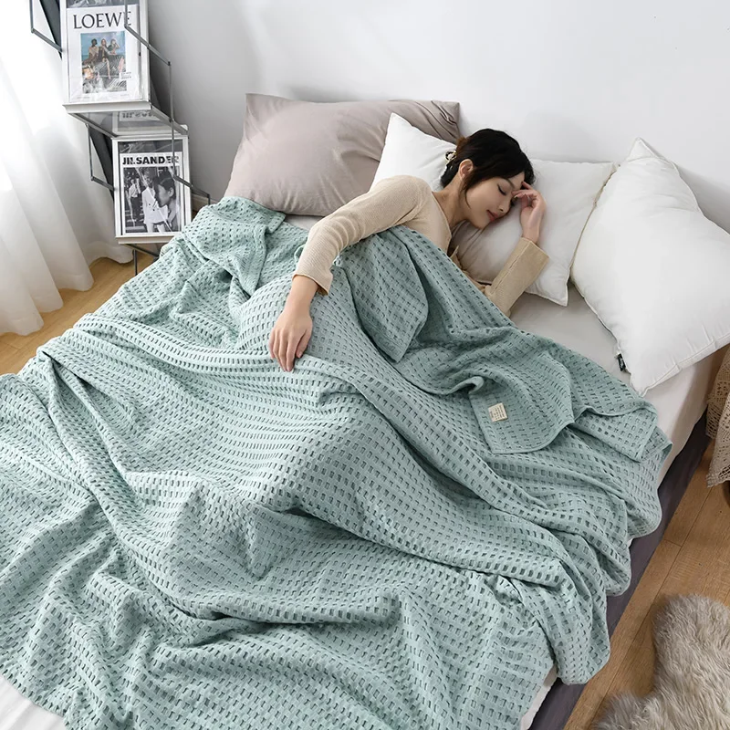 Premium Pure Cotton Blanket Waffle Weave Quilt Thermal Soft Throw Blanket Lightweight Comfortable Bed Cover Bedspread All Season