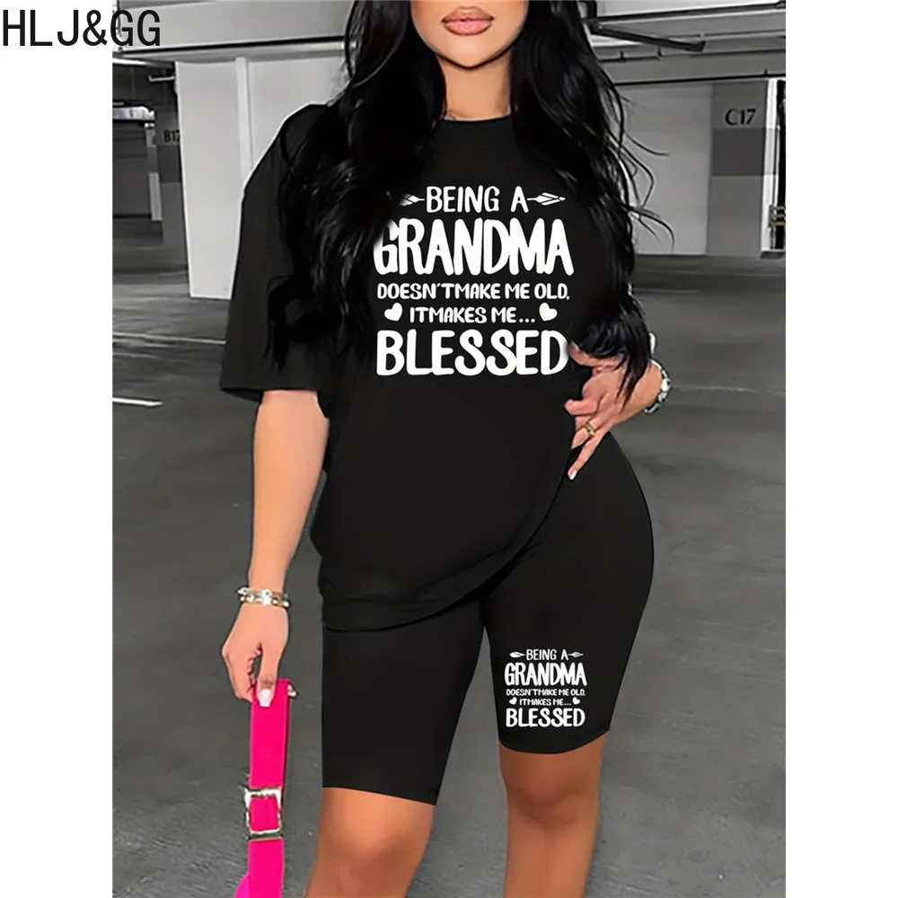 

HLJ&GG Fashion Streetwear Women Round Neck Short Sleeve Top And Biker Shorts Two Piece Sets Casual Letter Printing 2pcs Outfits