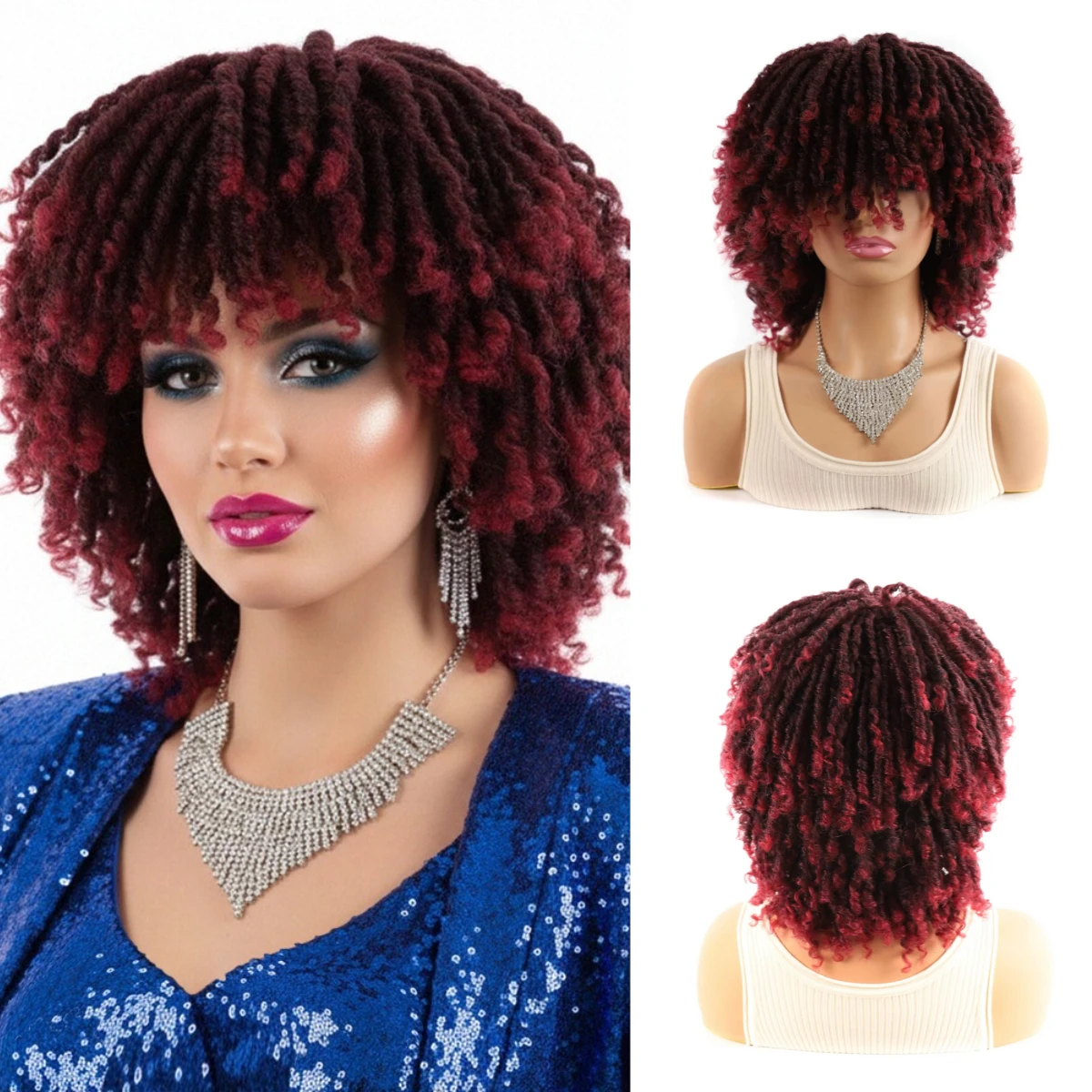 

Multicolor African Tube Curl Hollow Curl Faux Locs Bug Wig Heat Resistant Synthetic Small Curly Full Wig