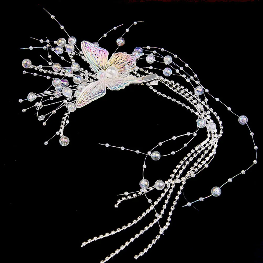2Pcs Rhinestone Butterfly Tassel Hair Clip Elegant Bridal Hairpin Wedding Hair Headpiece Delicate Shiny Bridal Barrette