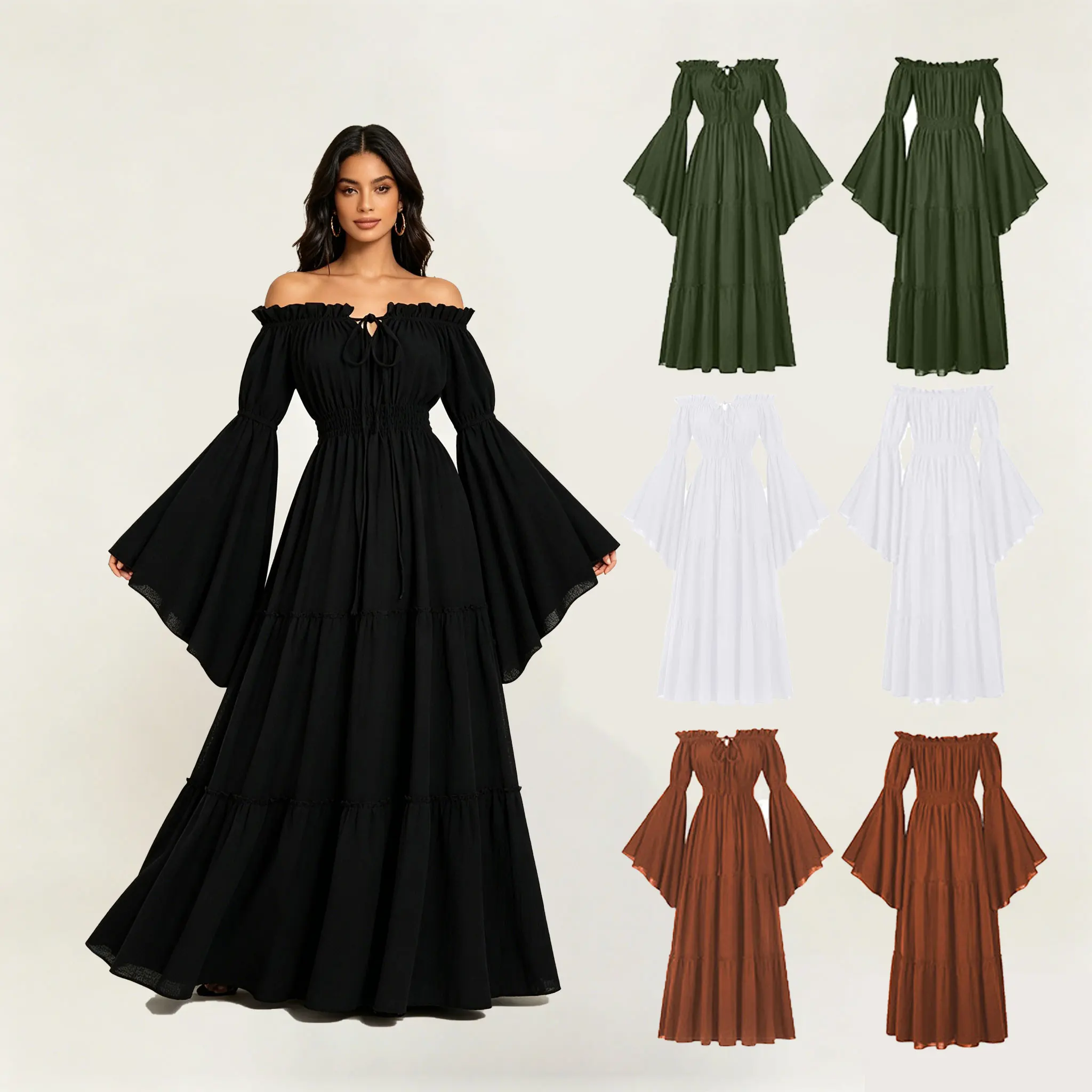 Disfraces de Navidad y Halloween, vestido medieval retro de corte retro, vestido de mujer con un solo hombro y mangas acampanadas, cintura entallada