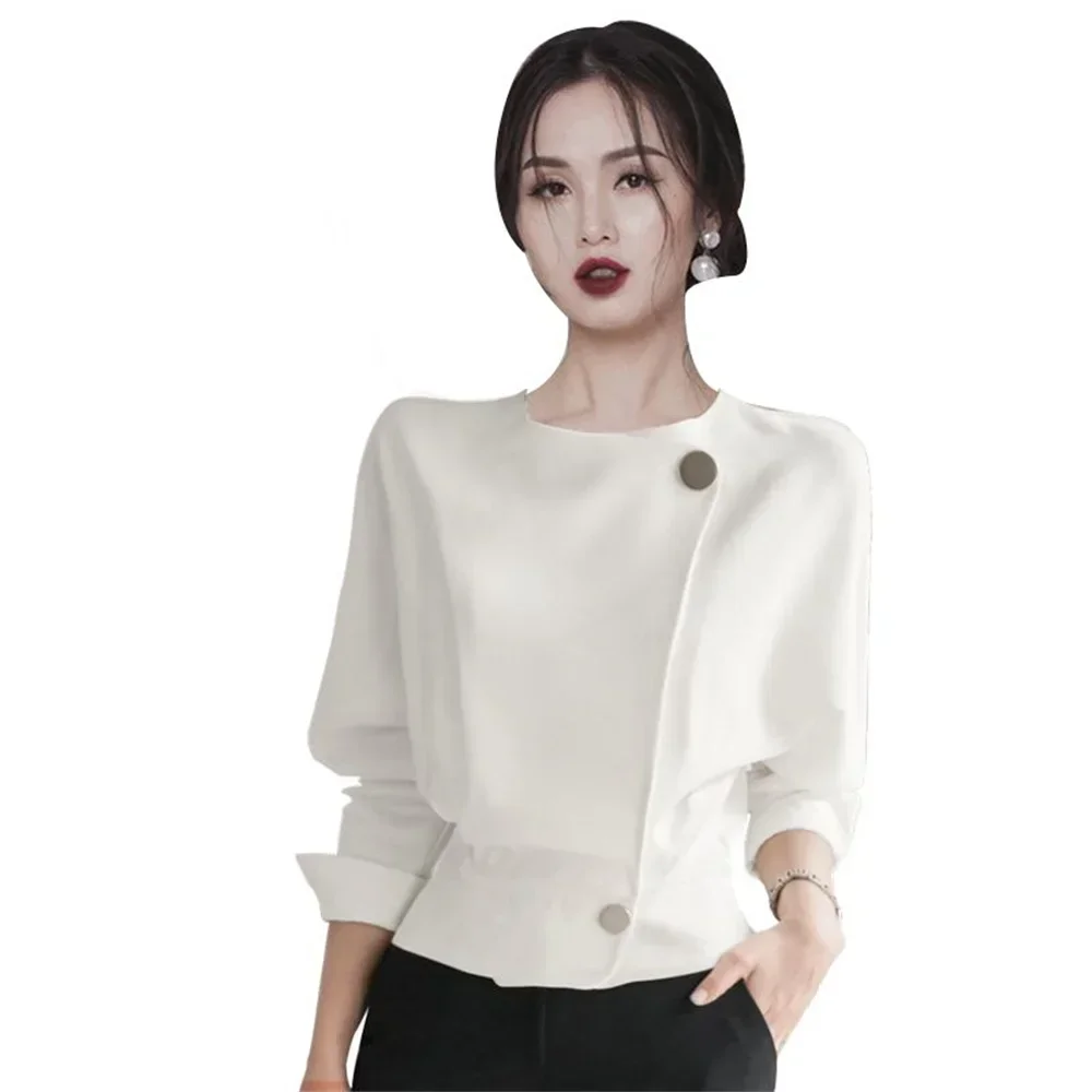 2024 Korean Style Women White Shirts O-Neck Blouse Elegant Office Lady Workwear Female Blusa Button Long Sleeve Casual Tops