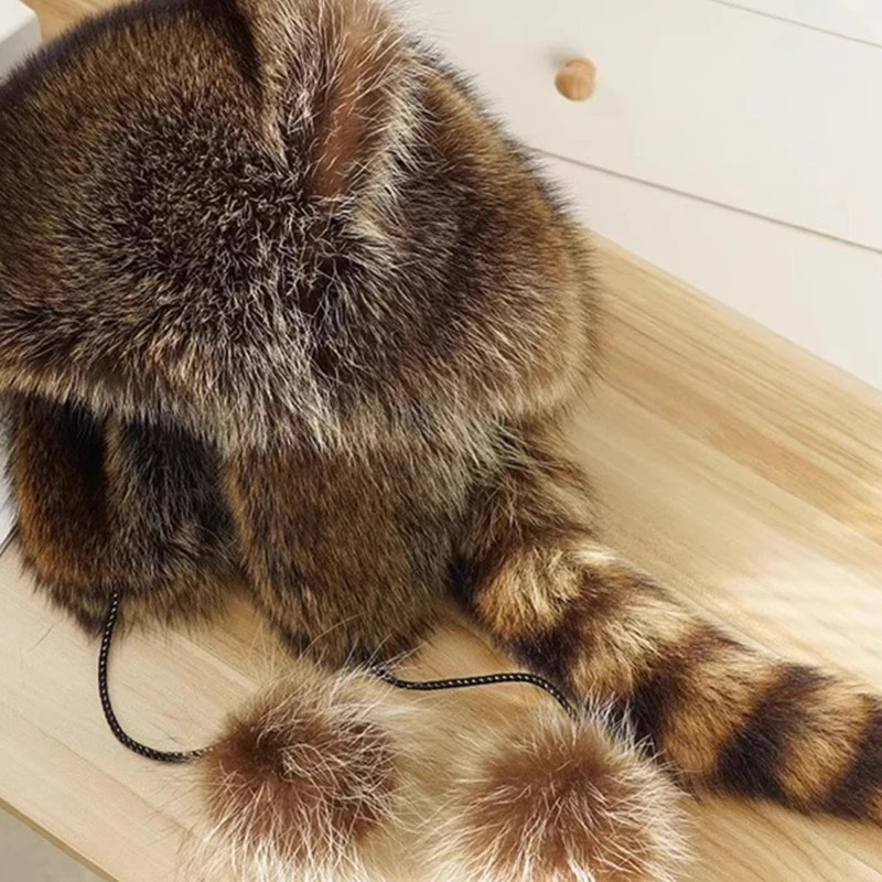 Small Raccoon Ear Protection Hat Raccoon Hair Warm Hat Animal Tail Warm Winter Hat For Boys And Girls Children Gift To Children