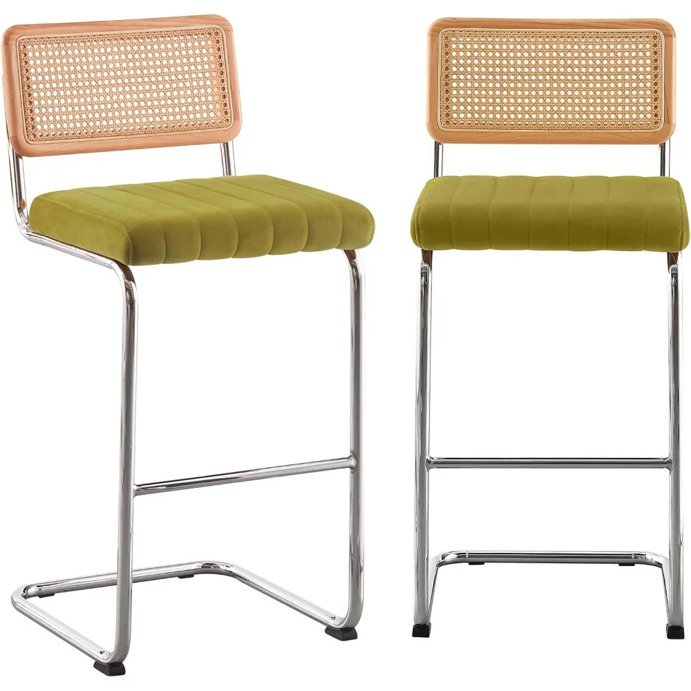 

Counter Height Bar Stools Set of 2, 26" Rattan Counter Stool Velvet Upholstered Barstool with Cane Back & Chrome Frame, Mid Cent