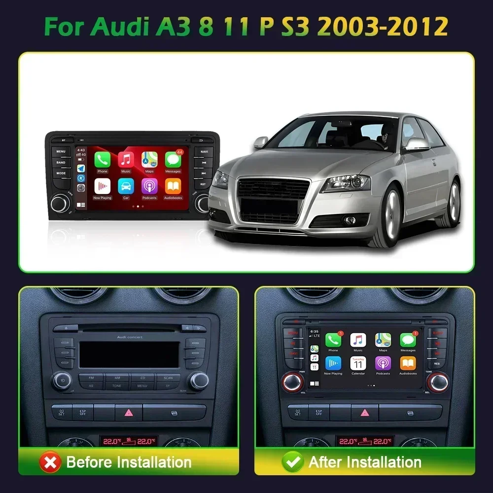 2 Din Android 12 Car Multimedia Apple Carplay For Audi A3 8 11 P S3 2003-2012 Sportback Radio GPS Navigation Stereo Screen