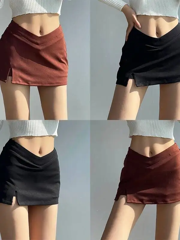 Ins Spicy Girl Trendy V-waist Design Sense Sexy Wrap Hip Short Skirt Single Women Summer Solid Slim Ultra Short Skirt P2I4