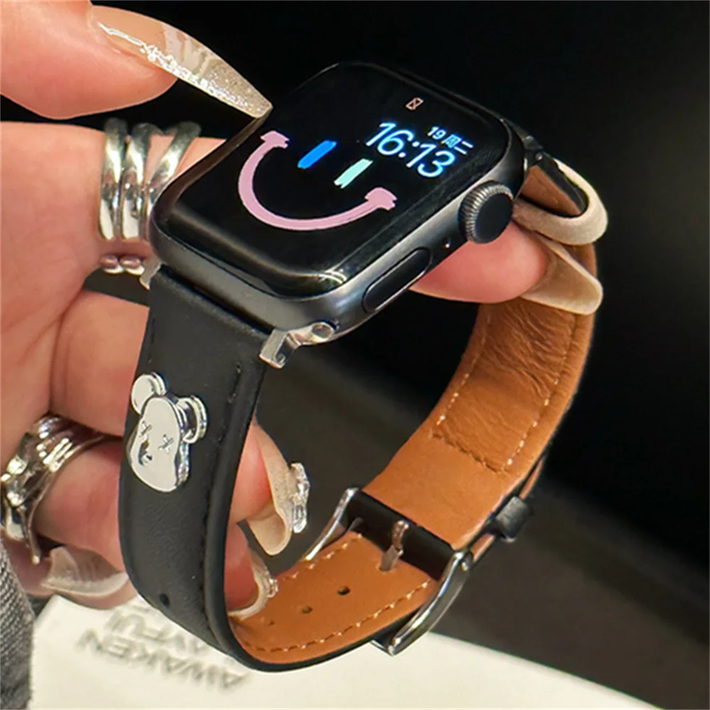 Luxury Leather Embroidery Plating Cartoon Bear Band For Apple Watch 9 8 7 6 5 4 3 SE Ultra Strap For iWatch 41 49 45 42 40 38mm