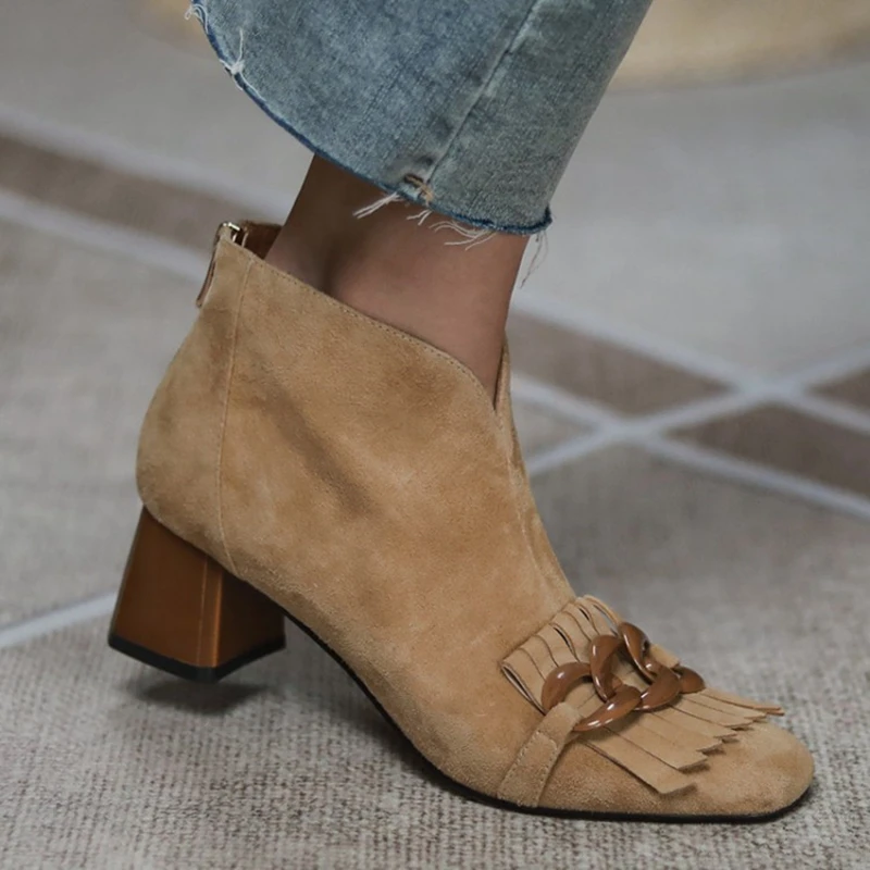 NEW Women Boots Sheep Suade Round Toe Square Heel Mid-Heel Ankle Boots Fringed Zipper Fashion Solid Office Lady Shoes Plus Size