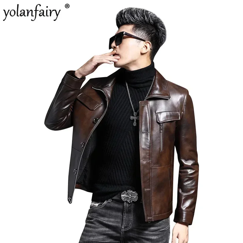 

Bronze Genuine Leather Jackets for Men Lapel Casual Motorcycle Sheepskin Coat Men's Leather Jacket Autumn Spring New Jaqueta FCY