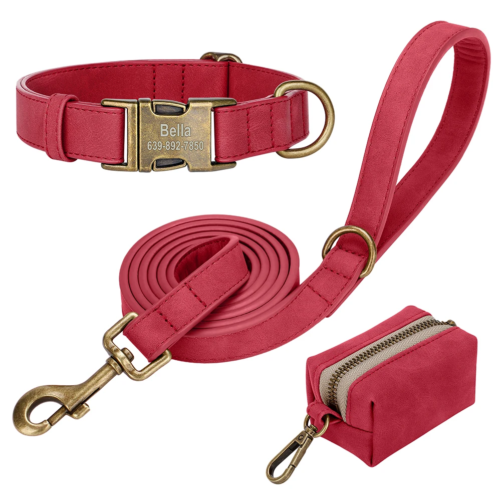 Benutzerdefinierte Hundehalsband Leine Tasche Set personalisierte PU Leder Hundehalsbänder Vintage Haustier Schnalle Halskette mit Bleikot Tasche für Hunde Mops – Detail 10