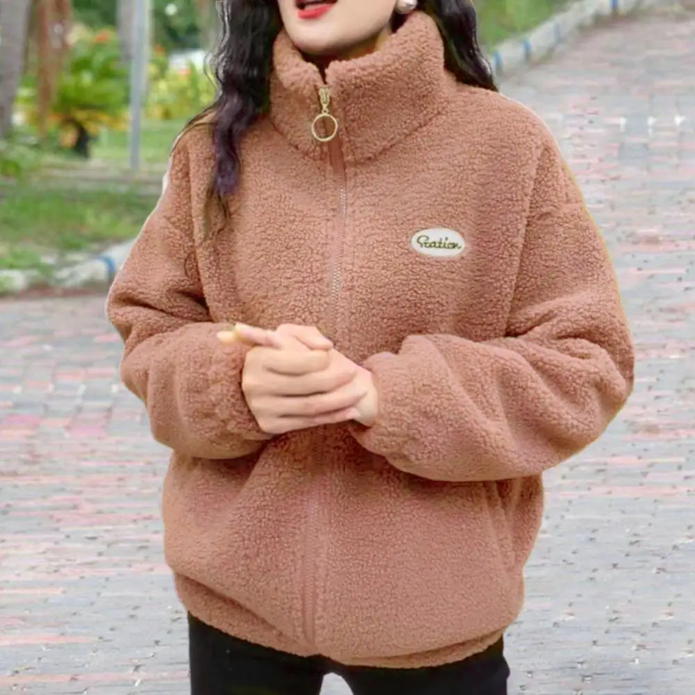Women Coat Outwear Fuzzy Warm Stand Collar Loose Fit Zipper Closure Dual Pocket Long Sleeves Ladies Women Winter Sherpa Coat