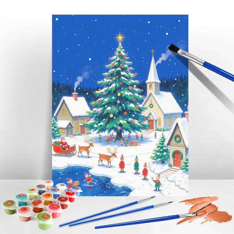 クリスマス風景 DIY デジタル油絵 カラフルな手描きのシンプルな工芸品 家の壁の装飾に適しています