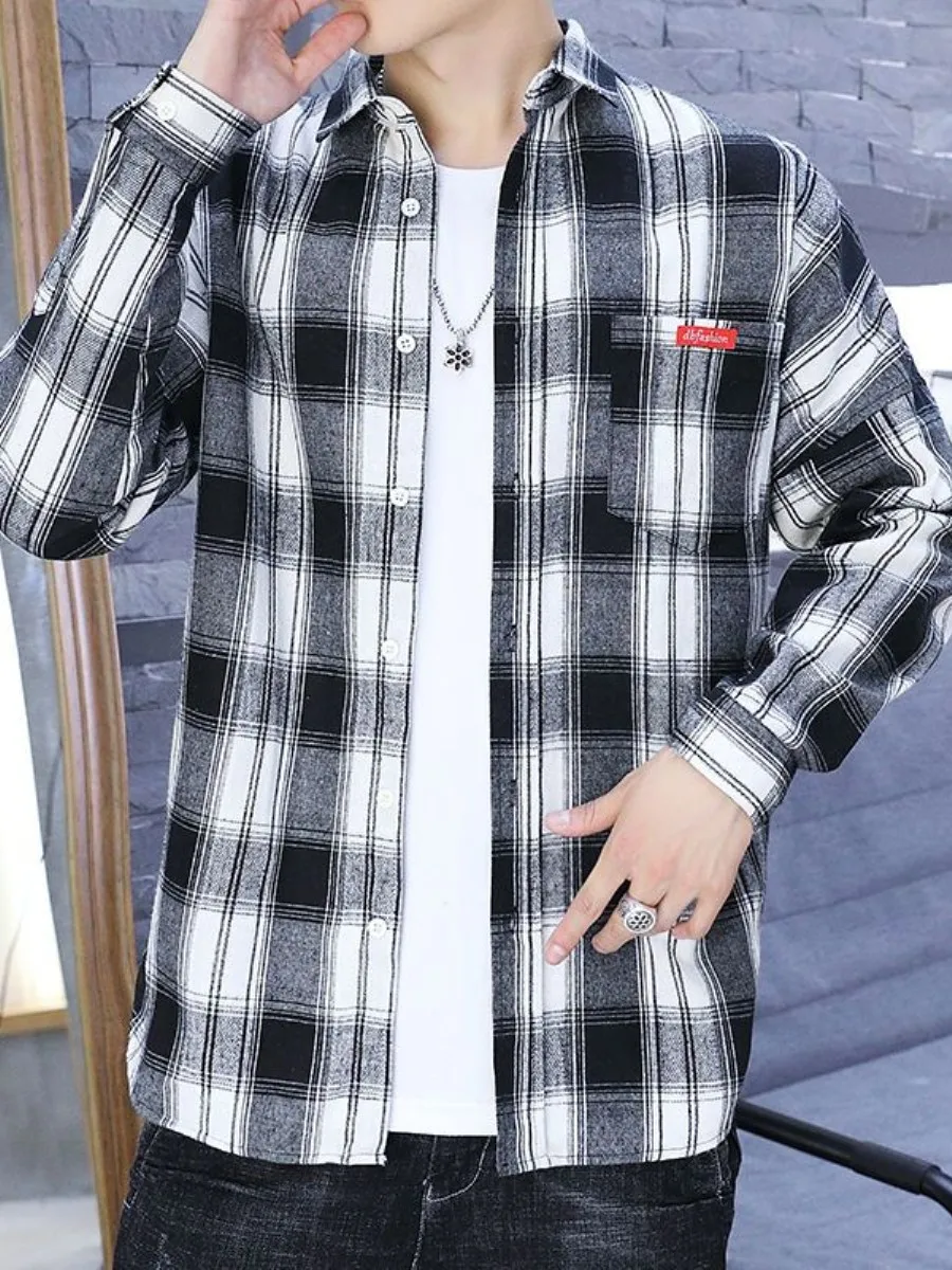 

Мужская рубашка в клетку в стиле ретро с длинным рукавом, весенне-осенняя, свободного кроя, повседневная, в корейском стиле, модная, молодежная, для студентов, для прогулок по городу, стильная.