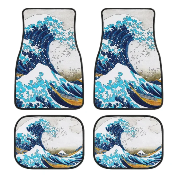 Fashion The Great Wave Off Kanagawa Design Full Set of 4 Front and Rear Car Floor Mat Carpet Universal All Weather