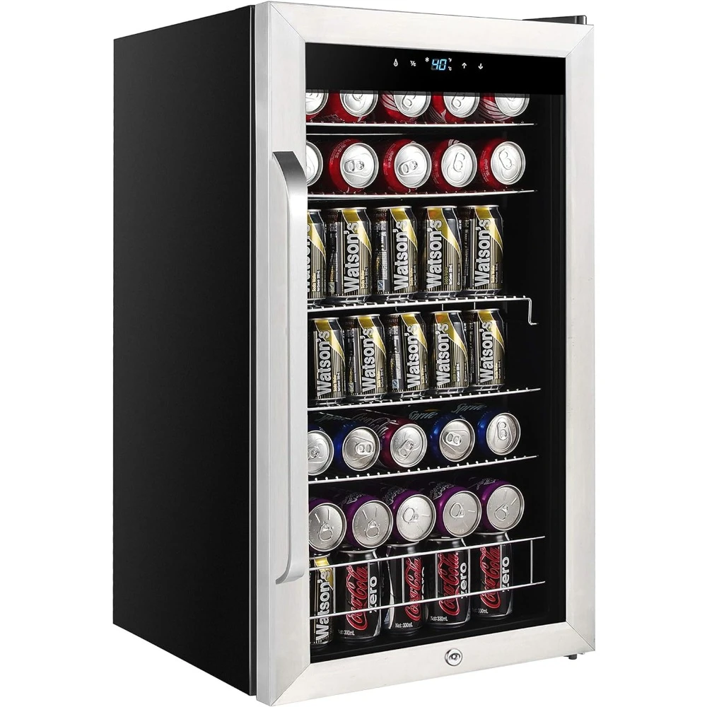 Beverage Refrigerator and Cooler, Mini Fridge with Glass Door, Lock, Digital Control and Internal Fan, 3.4 cu. ft,