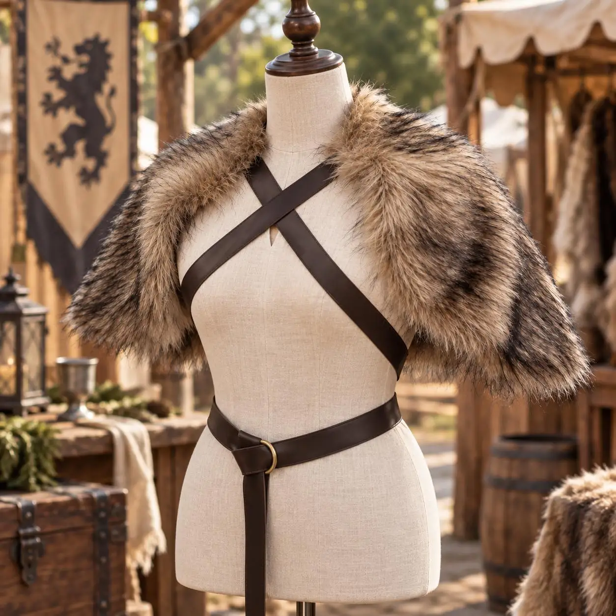 Halloween Medieval Faux Fur Shoulder Cape, Viking Warrior Shawl, Ren Faire Cosplay Fur Collar Cloak, Adjustable Chest Strap Cost image 5