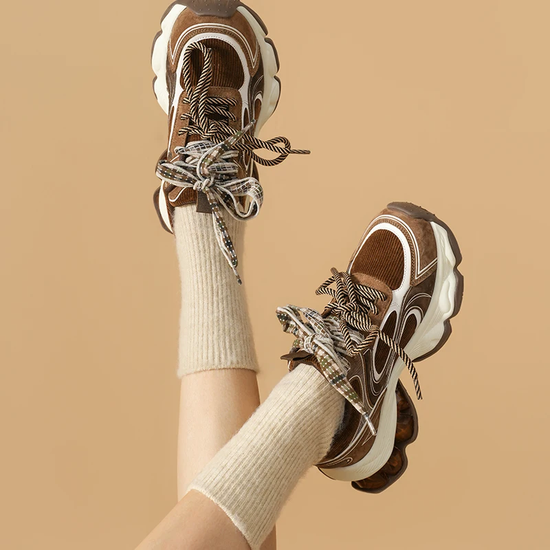 Women's Chunky Sneakers - Suede Leather, Round Toe, Double Laces