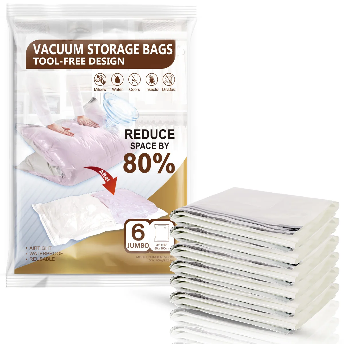 

TAILI 6pcs Jumbo Vacuum Storage Bags Space Saver 80% More Compression Organizer Vacuum Sealer Bags for Blankets Clothes