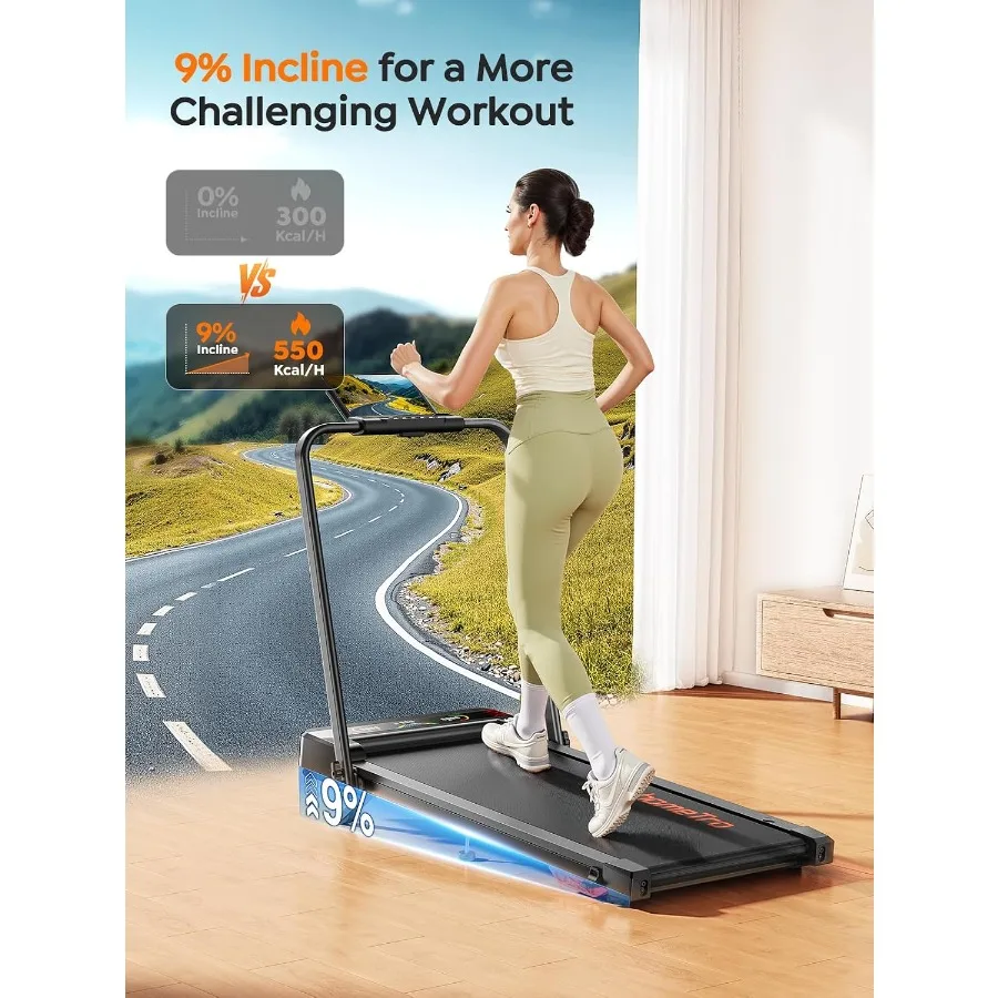 Walking Pad Treadmill for home/office use, aluminum alloy frame, black, 9 incline, 4-in-1 foldable design with handlebar, 3.5HP