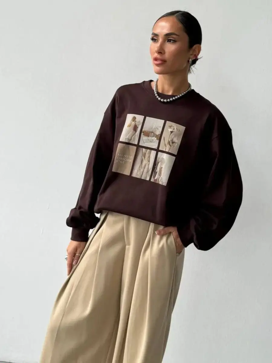 Sweat-shirt rétro café abricot Y2K pour femmes, Style français, col rond, ample, manches longues, pull, tendance, Streetwear, loisirs, automne