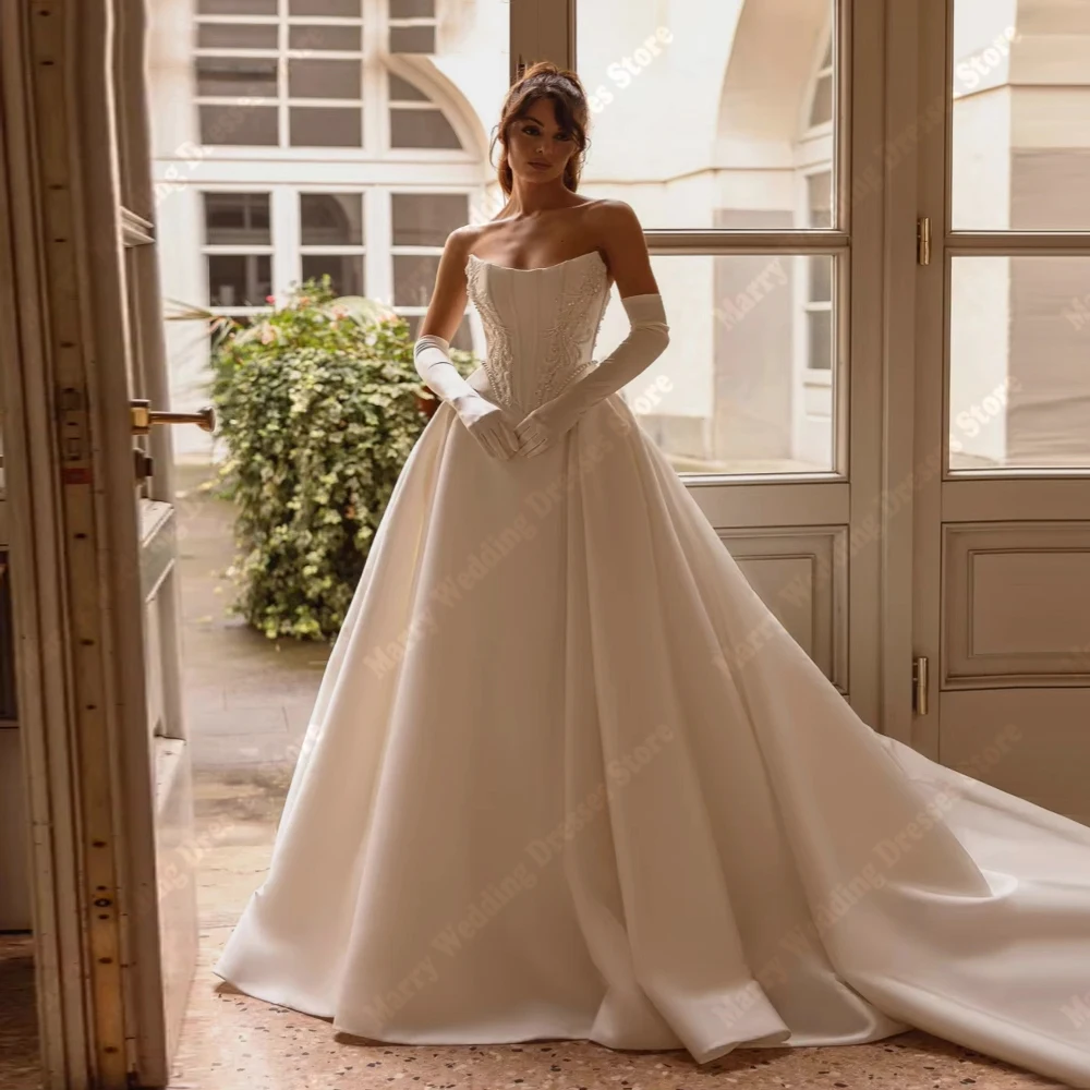 

Elegant A-Line Women Wedding Dresses Bright Lace Appliques Bridal Gown Princess Vestidos De Novia Boda Without Gloves Customized