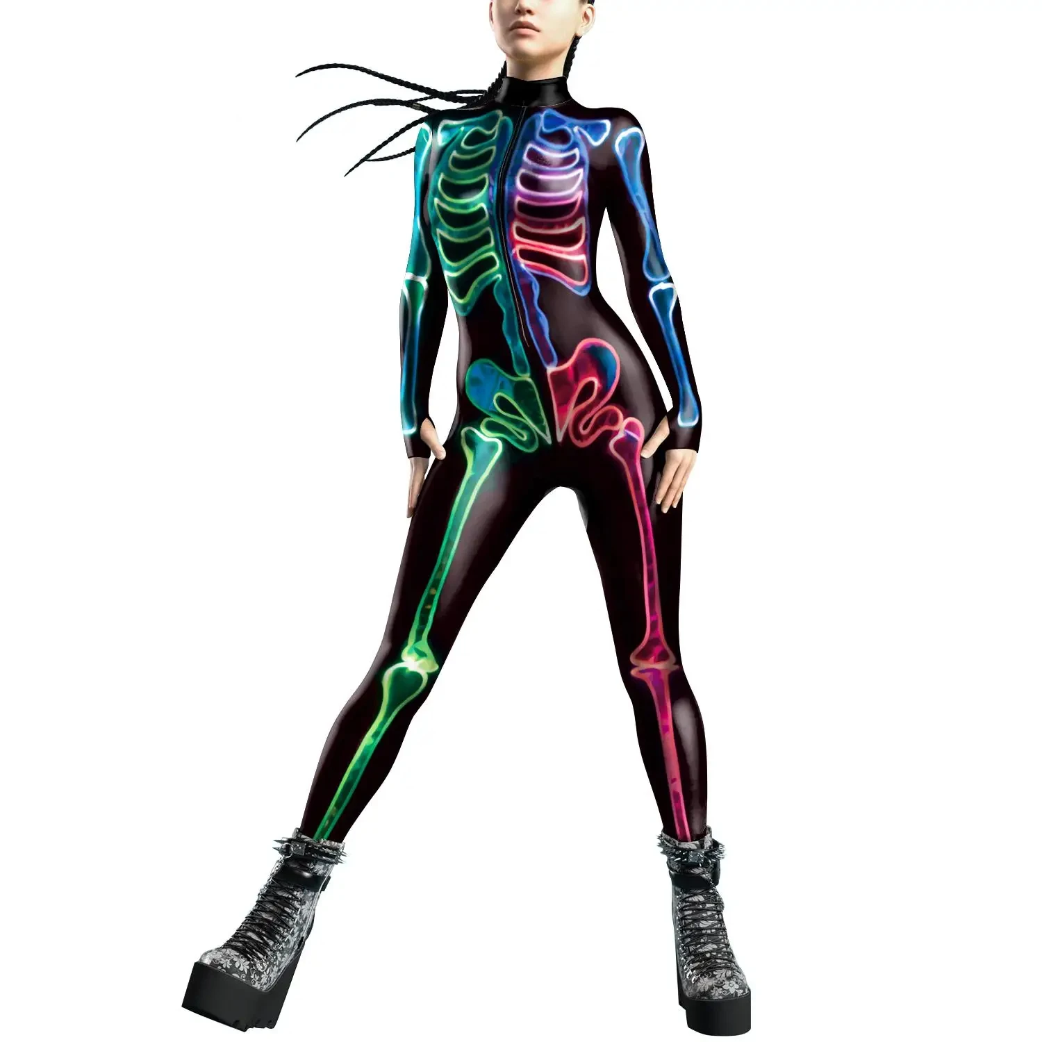 Halloween Horror Skeleton Costume Women Bodysuit Front Zipper Carnival Jumpsuits Shaper Role Play Party Black Colorful Outfits